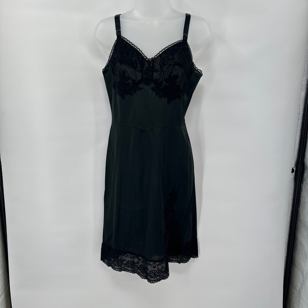Vintage Black Lace Slip‎ Dress Nylon Nightgown Coquette Goth Lingerie 34 *